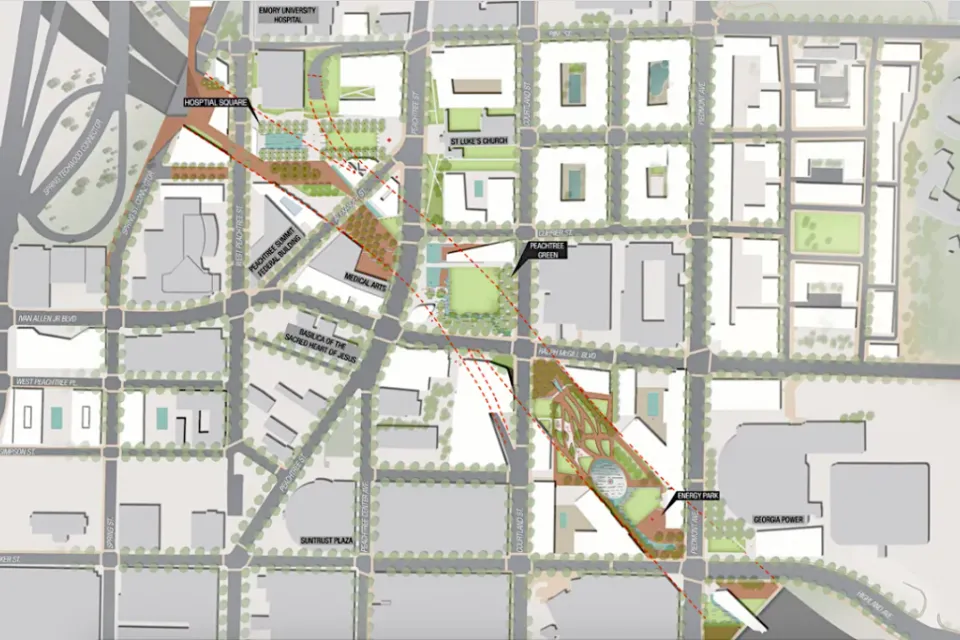 Map of proposed freeway cap over Atlanta freeway